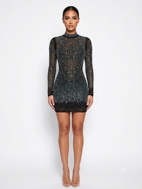 Fashion Nova Dresses & Skirts - Nova Black Rhinestone Mesh Bodycon Mini Dress Size Small Party Club